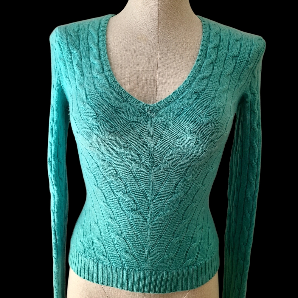 Ralph Lauren Turquoise V-Neck Cable Knit Sweater